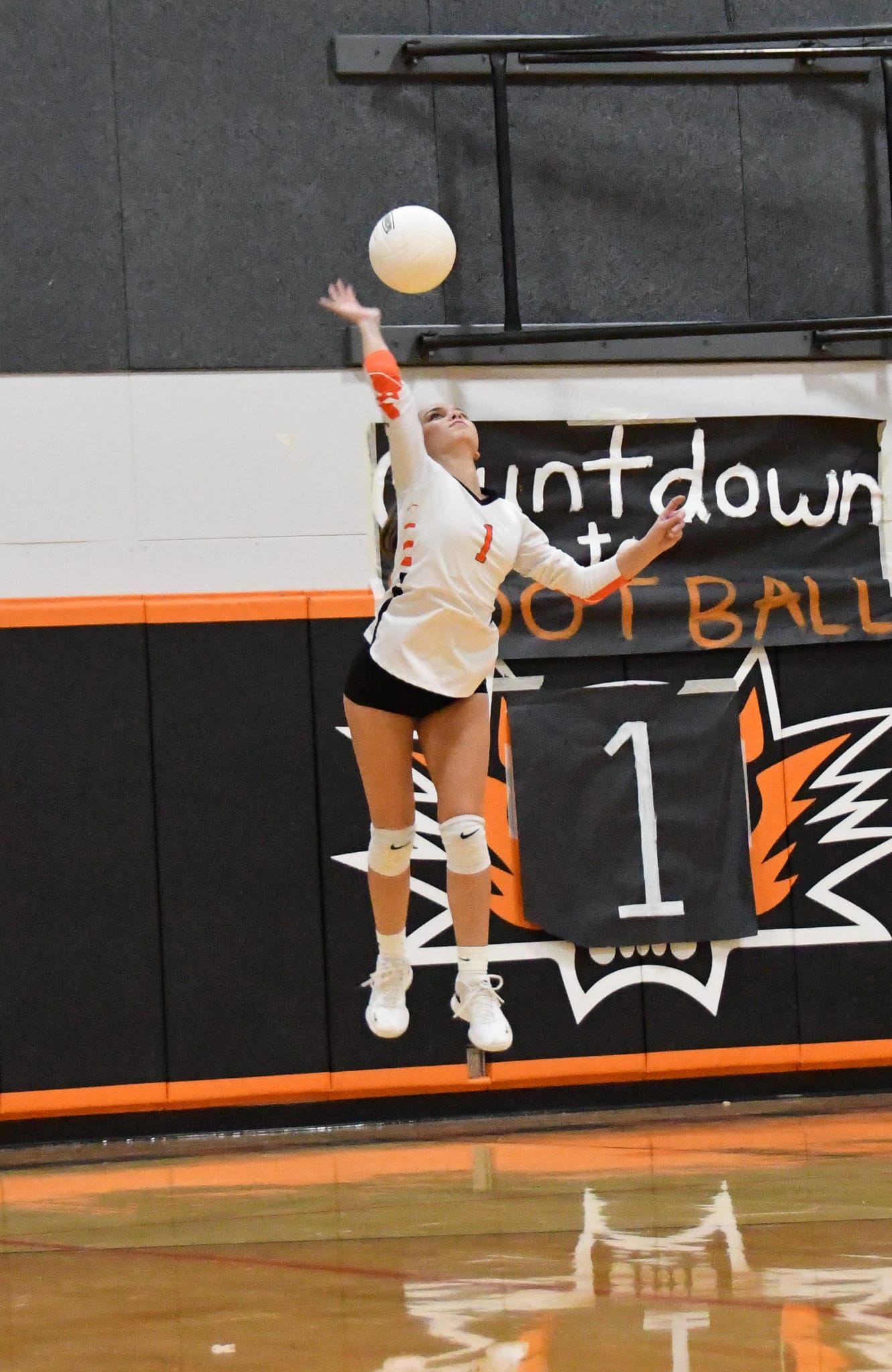 Senior Faith Rodriguez (1) launches a jump serve to open play against Othello.