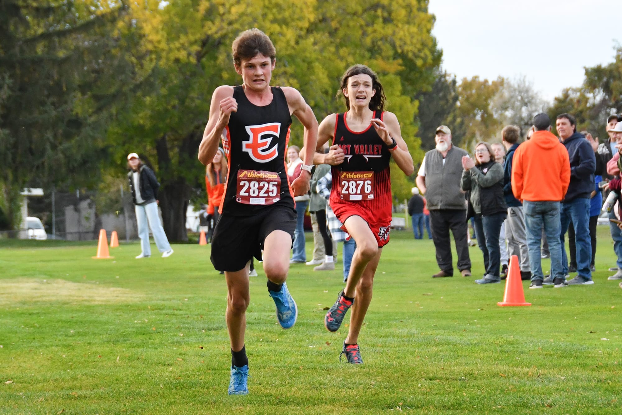 Ephrata’s Nathan Wolther (2825) outkicks an East Valley (Yakima) runner at the finish line