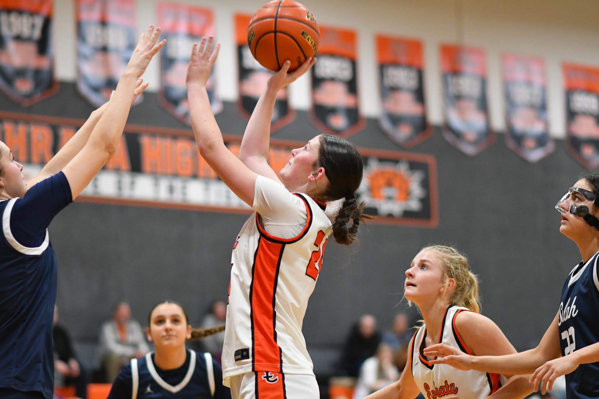 Maycee Black (24) shoots over a Selah defender Saturday at Marty O'Brien Court. Black totaled 21 points and 21 rebounds across the three-game week.