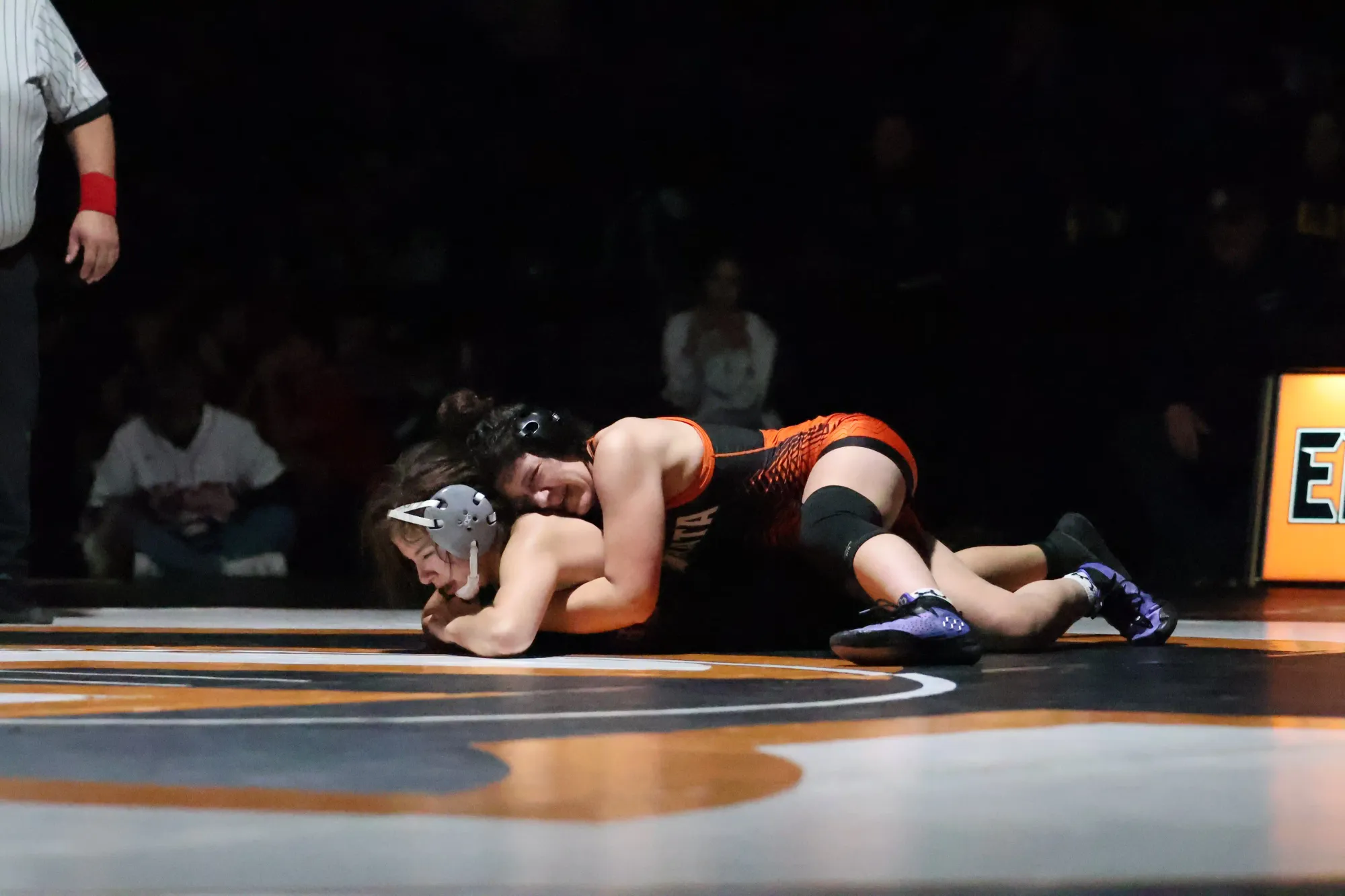 Ephrata's Rayn Castillo works to turn Toppenish's Amari Johnson during Thursday's Senior Night dual. Castillo won by 5-0 decision and went 2-2 at the Lady Huskie Invitational on Saturday. Photos by Rylee Holt