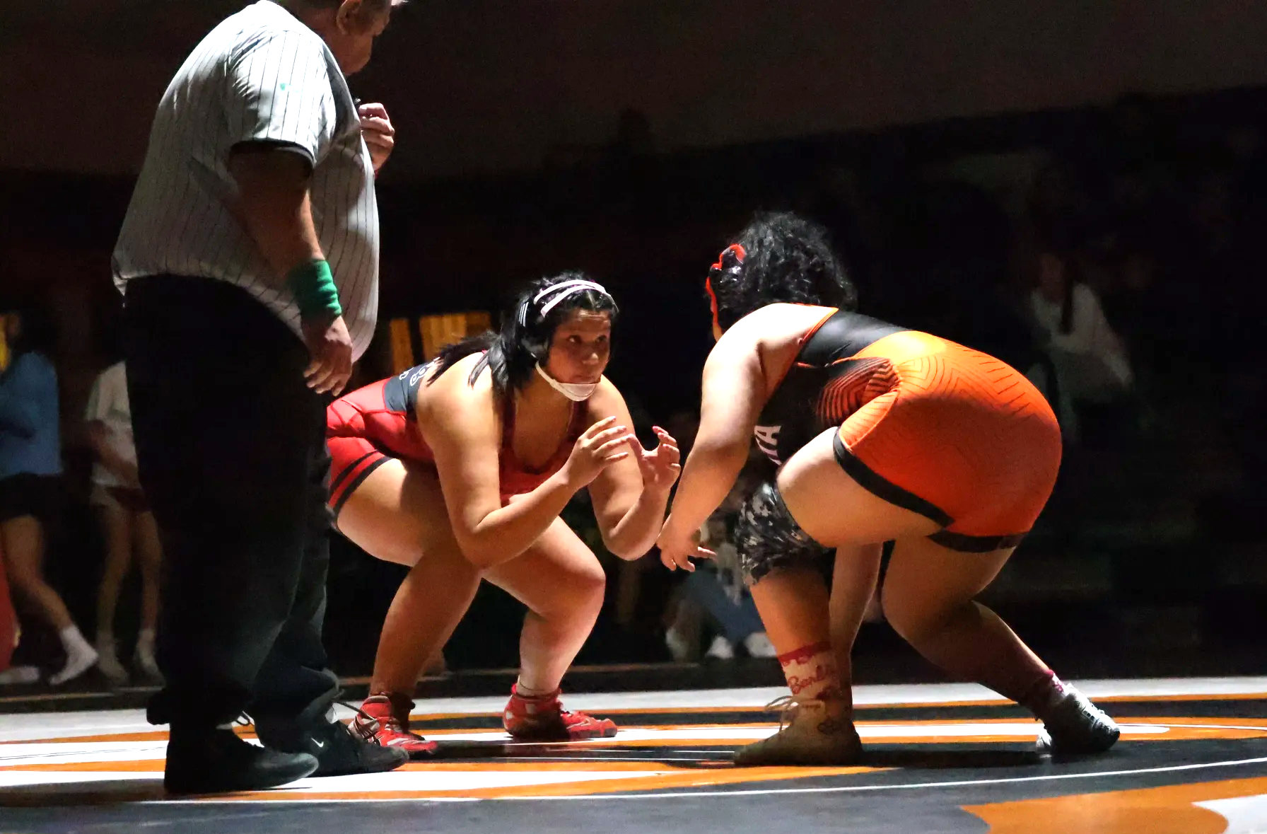 Ephrata's Carolina Monico (right) faces off against Toppenish's Charlene Underwood, pinning at 1:30, during Thursday's Senior Night dual. On Saturday, Monico took sixth at the Lady Huskie Invitational.